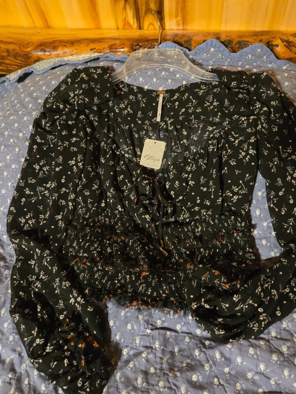 Free People Lolita Floral Smocked Top Black L NWT